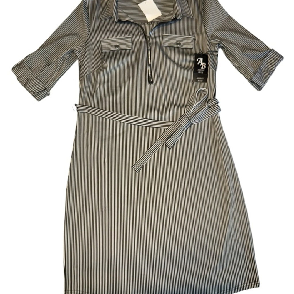 NWT Ashley Blue Black & White Stripe Belted Dress size M